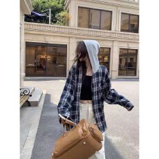 批发复古连帽格子衬衫女<b class='q'>新款</b>学院风秋宽松慵懒风小个子衬衣磨毛薄外套