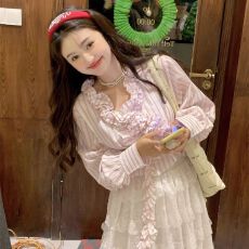 批发韩系东大门时尚超火纹木耳边衬衣女2026秋季<b class='q'>新款</b>爆款粉色百搭衬衫