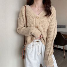 批发毛衣女秋装设计感麻花V领短款<b class='q'>长袖</b>上衣百搭针织开衫宽松bf风<b class='q'>外套</b>