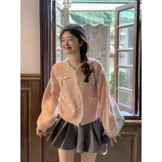 批发<b class='q'>甜美</b>粉色花边拼接毛衣开衫女秋季2026新款蝴蝶结宽松短款针织上衣
