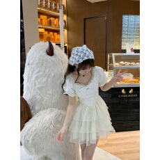 批发夏季2025蝴蝶结提花<b class='q'>欧根纱</b>仙女感连衣裙女在逃公主蓬蓬短裙子