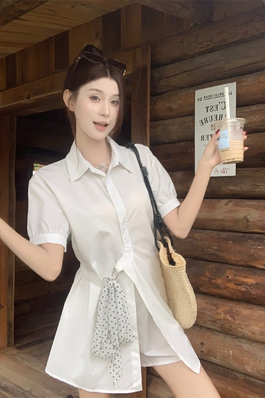 MY11393# 时尚气质套装女夏季新款POIO领衬衫短袖连衣裙阔腿短裤两...