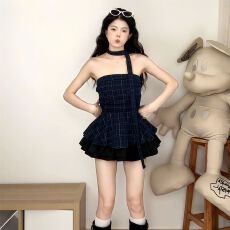批发原版格子布料纯欲韩系格<b class='q'>纹</b>抹胸背心女修身打底衫上衣