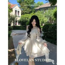 批发露肩春秋法式蓬蓬晚会<b class='q'>礼服</b>字短<b class='q'>裙</b>女收腰多巴胺<b class='q'>公主裙</b>挂脖