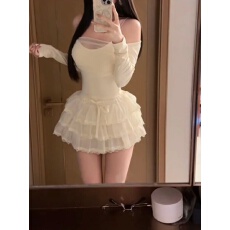 批发性感网纱一字肩长袖T恤女早秋轻熟露肩修身上衣