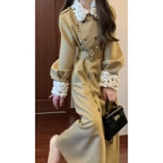 批发高级感网红时尚气质女装2025秋季新款长袖系带双排扣拼接<b class='q'>风衣</b>外套