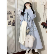 批发2025秋冬新款毛呢<b class='q'>外套</b>女小个子高级感超好看韩系甜美蓝色呢子大衣