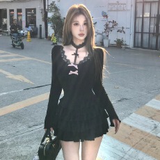 批发黑色蕾丝<b class='q'>连衣裙</b>女秋冬性感<b class='q'>v领</b>包臀裙蓬蓬蛋糕公主裙新年战袍裙子