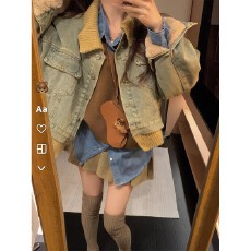 批发针织拼接翻领假两件短款<b class='q'>牛仔</b>外套设计感水洗复古<b class='q'>夹克</b>女