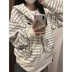 批发刺绣+内抽美式复古慵懒<b class='q'>宽松</b>条纹连帽<b class='q'>卫衣</b>春秋薄款