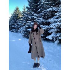 批发气质高级感烟灰彩扣中长款大衣遮肚显瘦女2025春秋新款宽松外套女