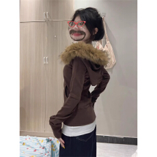 批发美式复古高街毛领短款连帽<b class='q'>卫衣</b>女冬季季修身收腰韩系慵懒<b class='q'>开衫</b>外套