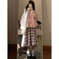 批发韩系穿搭一整套春季牛角扣连帽开衫外套格纹半身裙子<b class='q'>两件</b>套