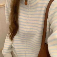 批发韩系设计感撞色条纹<b class='q'>真皮</b>拉链长袖毛衣女秋季显瘦百搭立领上衣