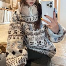 批发慵懒风费尔岛羊羔毛<b class='q'>外套</b>女秋冬季减龄毛领长袖毛衣保暖毛绒绒上衣