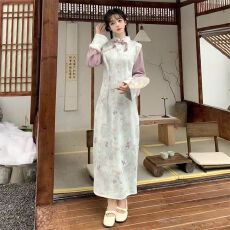 批发中式国风加绒<b class='q'>改良</b>复古禅意新款<b class='q'>旗袍</b>收腰加厚气质连衣裙