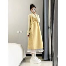 批发设计感时尚黄色宽松显瘦拼接背心<b class='q'>连衣裙</b>女秋季内搭长袖上衣两件套