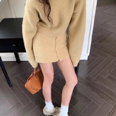 批发韩国东大门冬季时尚纯色针织长袖辣妹包臀<b class='q'>短裙</b>两件套