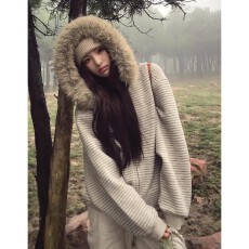 批发美式复古条纹连帽开衫卫衣女秋冬<b class='q'>街头</b>vibe设计感宽松加绒毛领外套