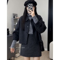 气质轻熟一整套百搭搭配通勤高级毛呢短裙外套时尚冬季套装