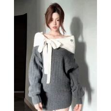 批发2025韩系蝴蝶结一字肩长袖<b class='q'>连衣裙</b>女秋冬<b class='q'>名媛</b>气质宽松显瘦纯欲包臀