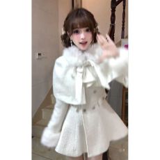 批发富家千金白色小香风套装女<b class='q'>春</b>秋季蝴蝶结收腰斗篷夹棉连衣裙两件套