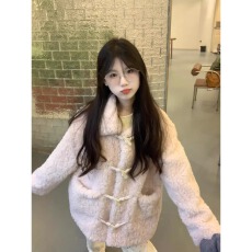 批发日系可爱甜美浅粉色毛绒绒慵懒风羊羔毛外套<b class='q'>女</b>休闲上衣2025冬<b class='q'>棉衣</b>