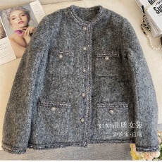 批发羊毛灰色小香风充棉加厚女冬季新款高端法式亮片千金感大衣外套