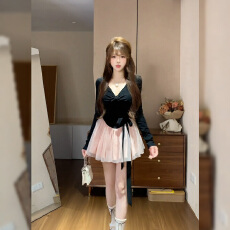 批发纯欲千金风穿搭法式网纱连衣裙2025秋冬新款早秋短款粉色裙子女装