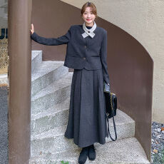 批发原版质量毛呢套装裙新款气质小个子短款外套女半身裙两件套