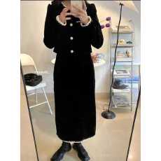 批发法式气质长款收腰显瘦两件套小香风花边秋冬长袖<b class='q'>连衣裙</b>长裙