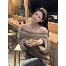 批发miu系穿搭长袖<b class='q'>针织衫</b>女巨好看一字肩上衣冬季老钱风毛衣