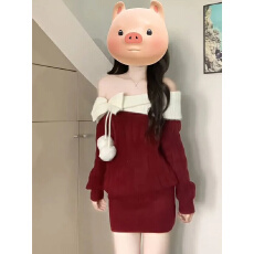 批发圣诞穿搭红色毛衣<b class='q'>连衣裙</b>女秋冬季蝴蝶结毛球针织衫宽松一字肩上衣