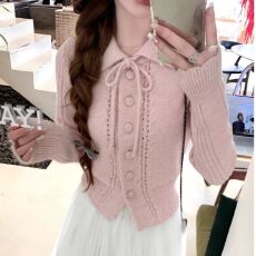 岚彩梵毛衣女韩系温柔甜美淑女风系带领针织开衫减龄小个子上衣
