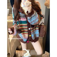 批发2025秋冬新款微<b class='q'>胖</b>设计感撞色连帽针织开衫慵懒风毛衣外套