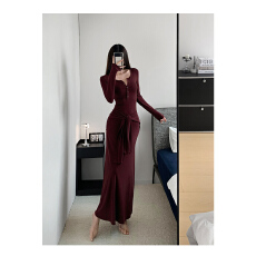 批发慵懒拼接绑带收腰连衣裙显瘦高个子单排扣圆领长袖<b class='q'>T</b><b class='q'>恤</b>长裙