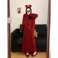 批发巨好看的圆领长袖针织裙女秋冬季新款加厚宽松蝴蝶结拼接<b class='q'>连衣裙</b>子