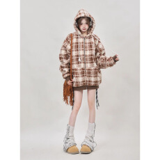 批发美式宽松中长款百搭格子粉色棉服<b class='q'>女</b>冬季新款2025连帽棉衣<b class='q'>毛呢外套</b>