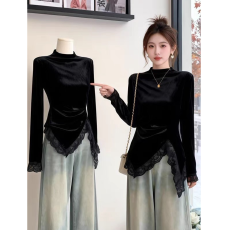 批发高级感不规则蕾丝上衣女<b class='q'>秋</b>冬新款长袖t恤黑色丝绒内搭打底衫