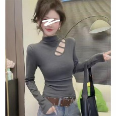 批发冬季加绒韩版新款设计感镂空上衣修身显瘦半高领长袖打底衫女