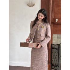 批发法式<b class='q'>名媛</b>千金小香风长袖外套秋冬新款收腰显瘦吊带连衣裙两件套女