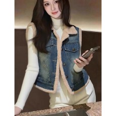 加绒棉服牛仔马甲女冬季外穿百搭小个子棉衣背心设计外套坎肩马夹