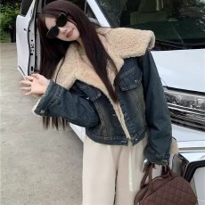 批发加绒加厚<b class='q'>牛仔</b><b class='q'>外套</b>女秋冬季2024新款韩版宽松设计感大翻领短款<b class='q'>上衣</b>