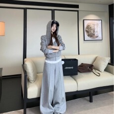 批发慵懒风连帽条纹长袖修身卫衣外套<b class='q'>女</b>