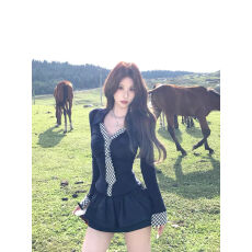 批发纯欲辣妹格纹领长袖t恤女秋季性感收腰上衣蓬蓬<b class='q'>花苞</b>半身裤<b class='q'>裙</b>套装