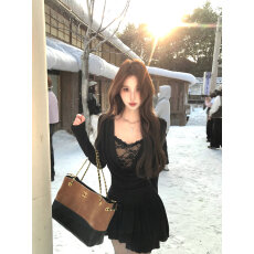 批发法式镂空蕾丝针织连衣<b class='q'>裙</b>女秋冬蝴蝶结<b class='q'>裙</b>子