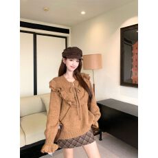 批发法式慵懒高智感秋冬新款橘色<b class='q'>荷叶边</b><b class='q'>毛衣</b>设计感奶呼呼软糯针织衫女