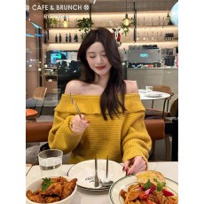 批发黄色斜肩<b class='q'>荷叶边</b>套头<b class='q'>毛衣</b>女秋冬季松弛风宽松显瘦高级感针织衫上衣