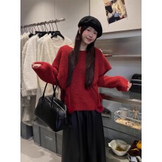 批发新年战袍红色套头毛衣女慵懒风宽松软糯针织衫高级感上衣秋冬新款