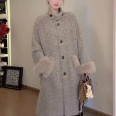 批发富家千金感慵懒系毛绒大衣女秋冬立领宽松长款毛呢外套气质百搭